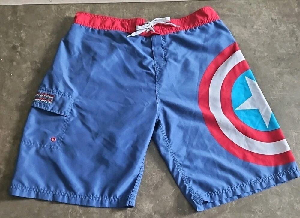 Marvel Captain America Swim Trunks Mens Size 2XL Cargo Pocket Lined